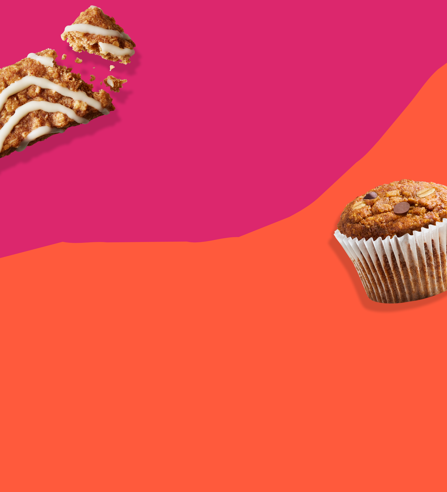MadeGood Mornings products on an abstract pink and orange background, featuring a Mornings Cinnamon Bun Soft Baked Bar and Mornings Banana Chocolate Chip Oat Cup.