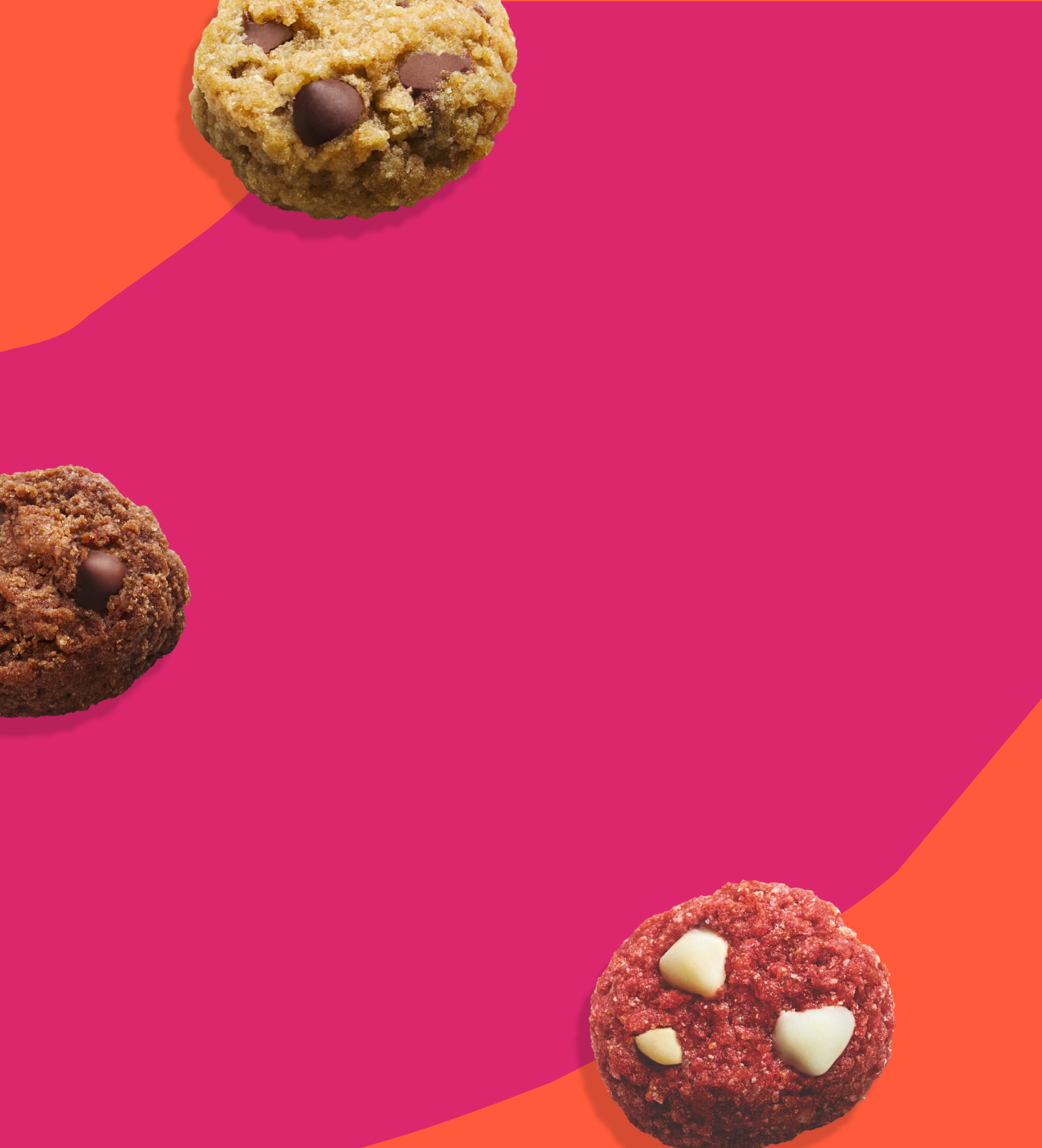 Three MadeGood Soft Baked cookies (in chocolate chip, double chocolate and red velvet flavors) floating on an abstract pink and orange background.