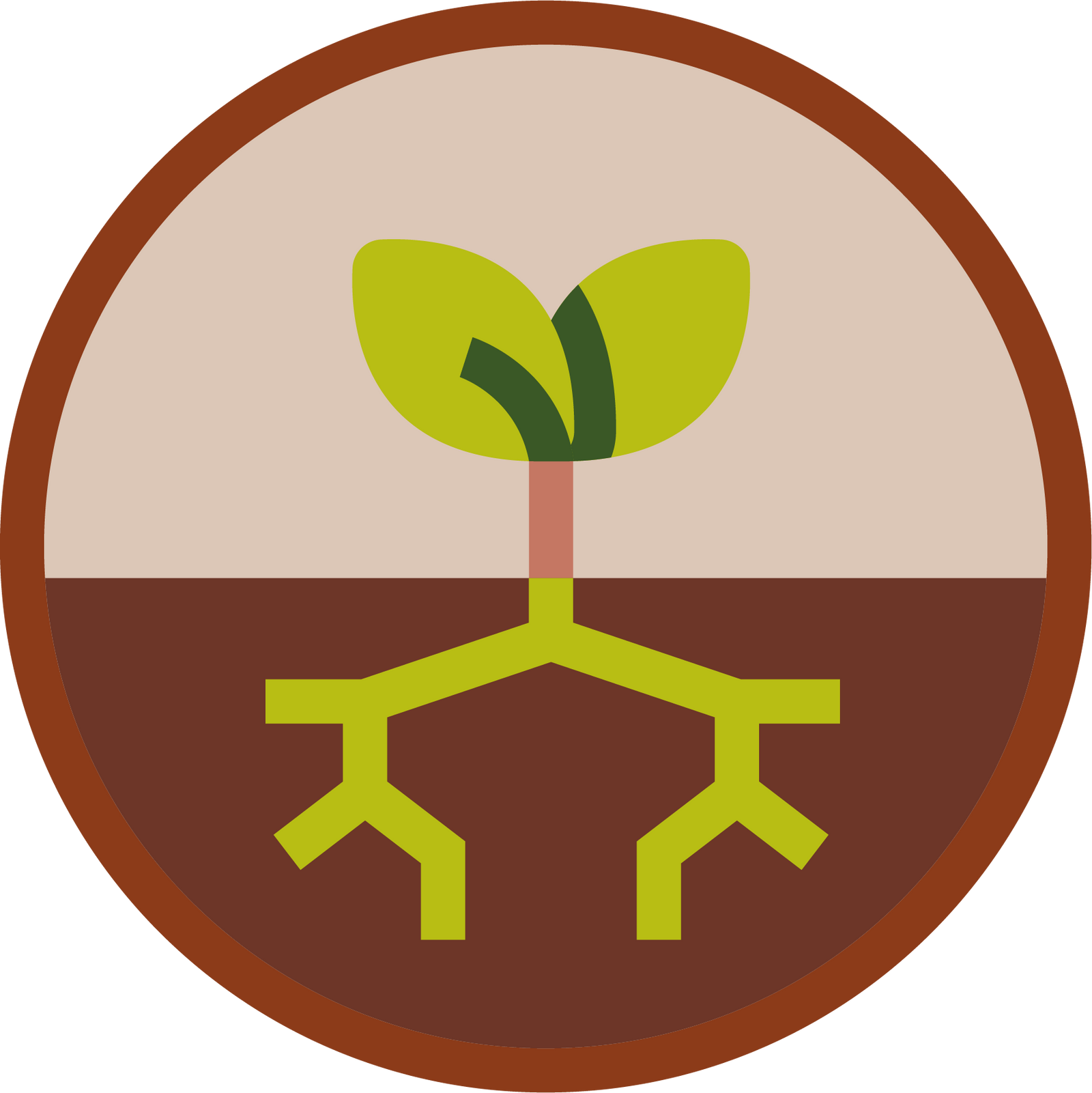Image of an icon of a small three with two leaves and roots planted on the ground.