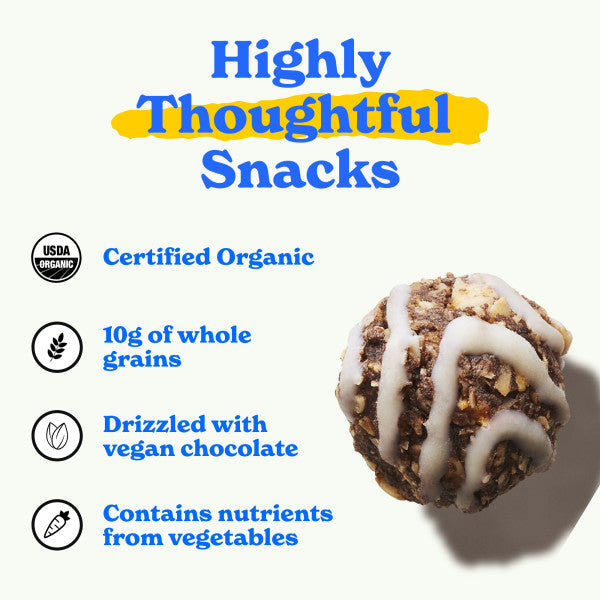 Highly thoughtful snacks: certified organic, 10g or whole grains, drizzled with vegan chocolate, contains nutrients from vegetables